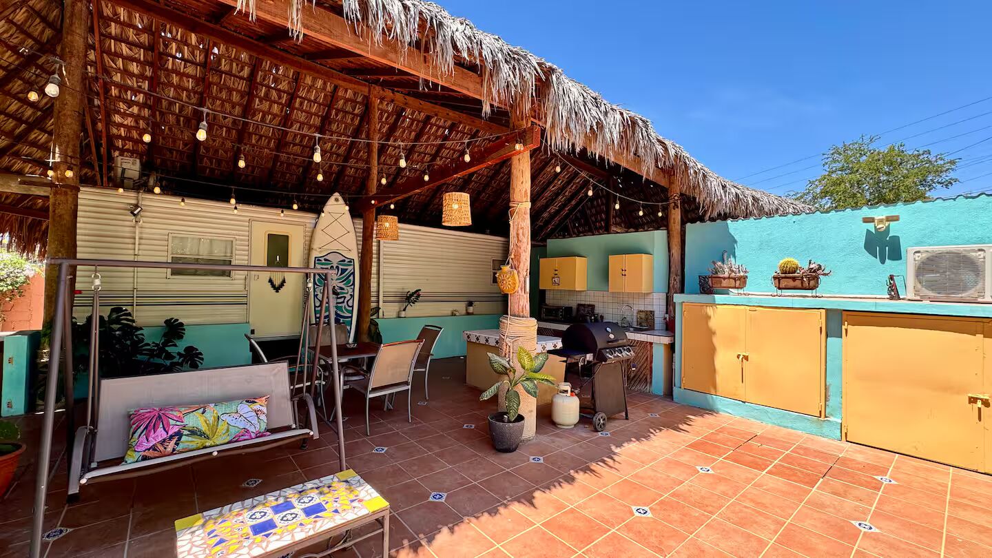 Palapa string lights evening Casa del Pueblo Loreto